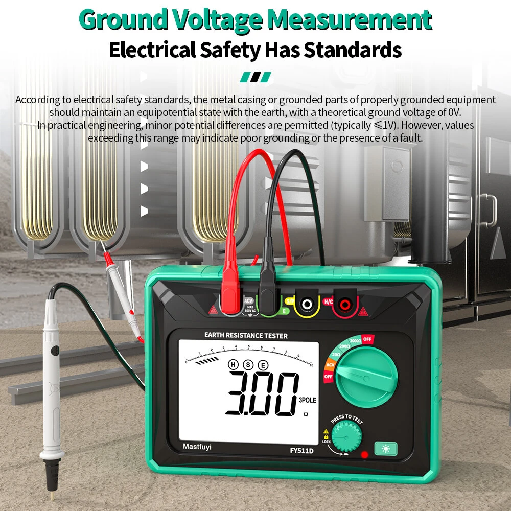 FY511D Earth Resistance Tester 0~2kΩ Range 600V Voltage Measurement High Accuracy LCD Backlit Screen Grounding Rods Portable Electric Testing Equipment — view 3