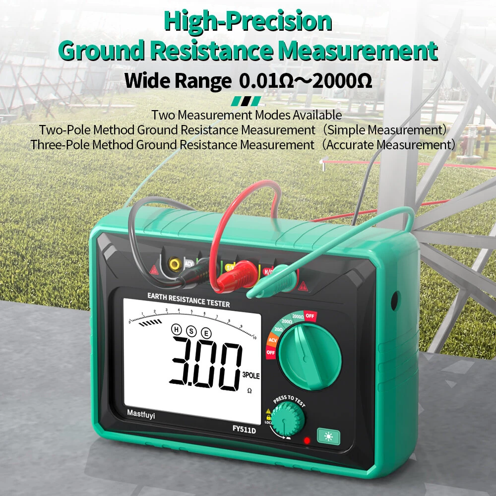 FY511D Earth Resistance Tester 0~2kΩ Range 600V Voltage Measurement High Accuracy LCD Backlit Screen Grounding Rods Portable Electric Testing Equipment — view 4