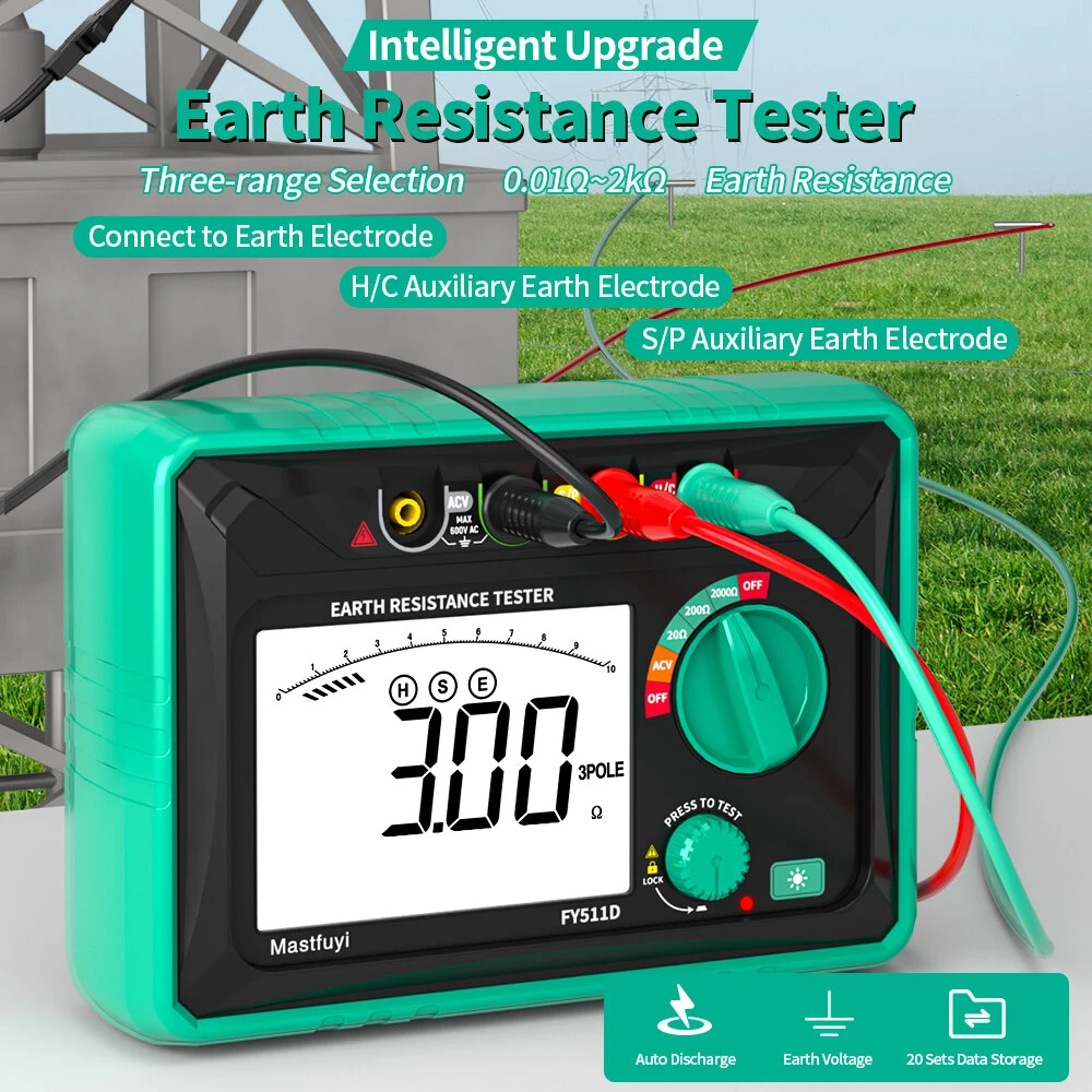 FY511D Earth Resistance Tester 0~2kΩ Range 600V Voltage Measurement High Accuracy LCD Backlit Screen Grounding Rods Portable Electric Testing Equipment — view 5