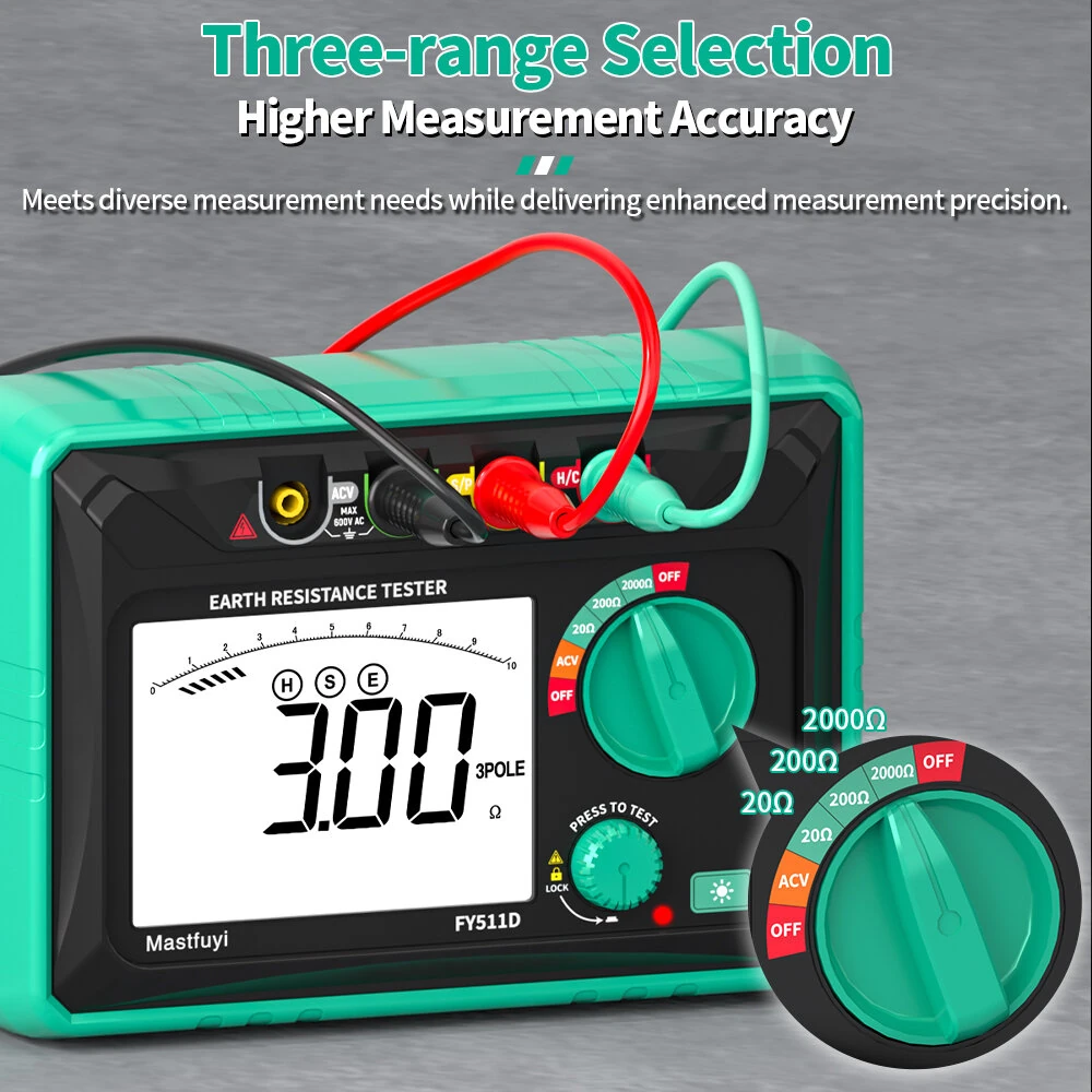 FY511D Earth Resistance Tester 0~2kΩ Range 600V Voltage Measurement High Accuracy LCD Backlit Screen Grounding Rods Portable Electric Testing Equipment — view 7