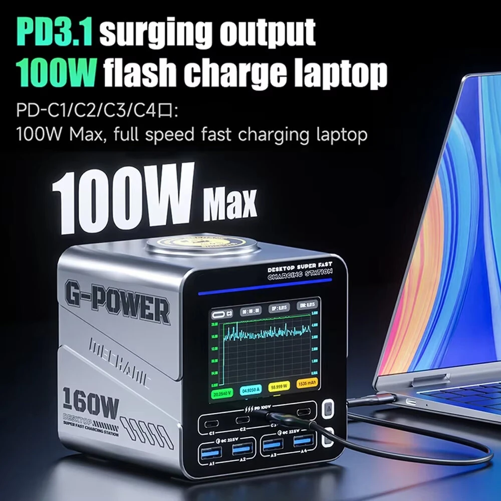 G-POWER 160W Nitride Charger GaN Fast Charger 8-Port PD3.1 QC USB-C USB-A Charging Station with 15W Wireless Charge Metal Body — view 5