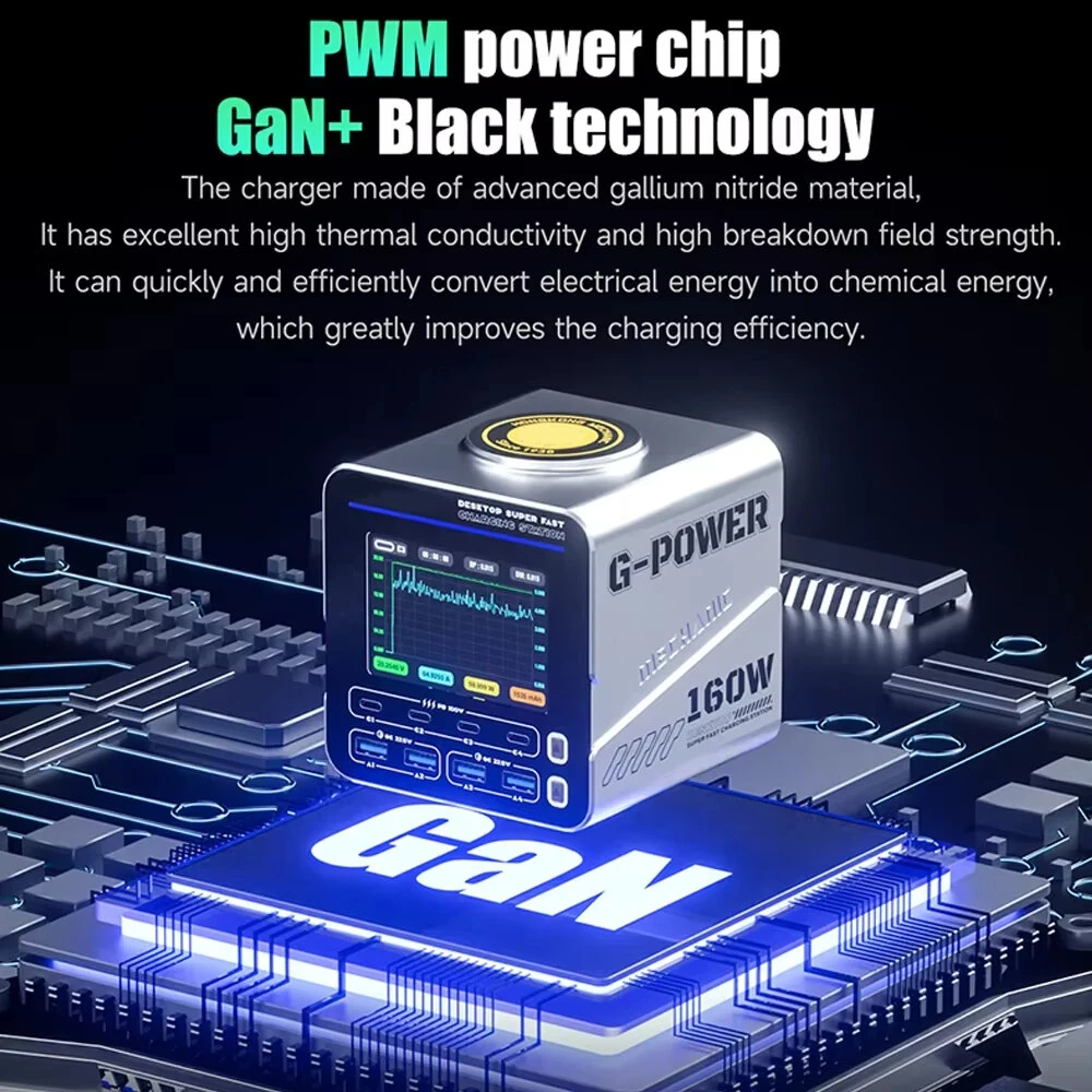 G-POWER 160W Nitride Charger GaN Fast Charger 8-Port PD3.1 QC USB-C USB-A Charging Station with 15W Wireless Charge Metal Body — view 6
