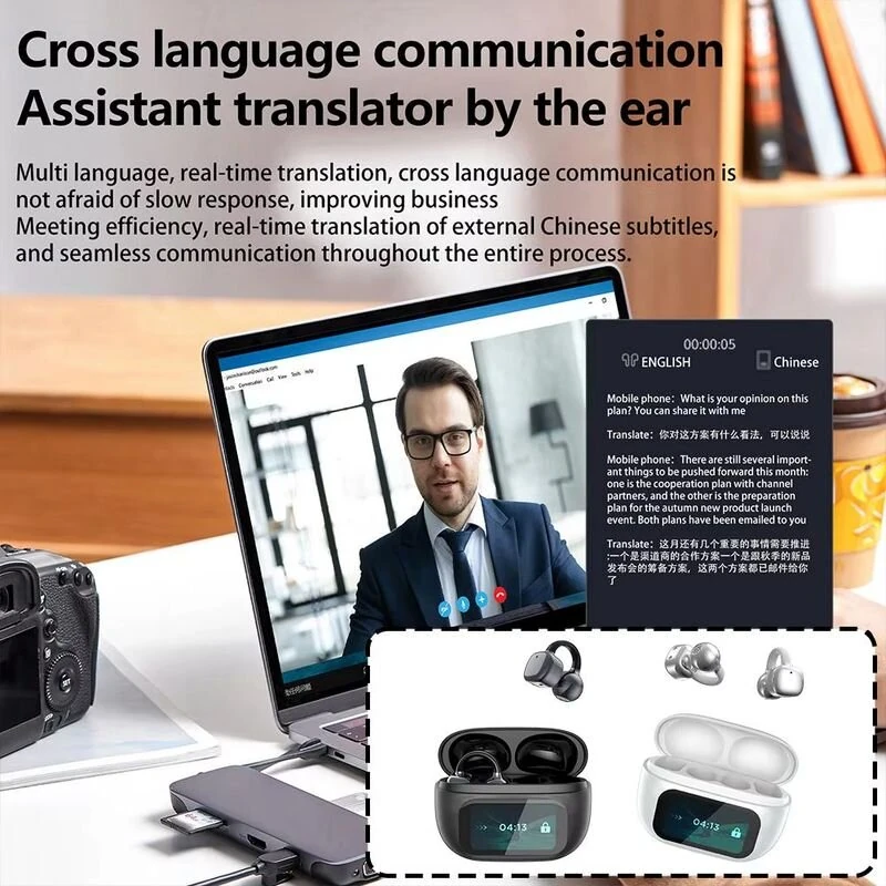 G08 Translator Earbuds Wireless bluetooth 5.4 Earphone LED Touch Screen 13.2mm Dynamic Drivers Bass Sound Instant Translation Earclip Open-ear Headphones — view 8