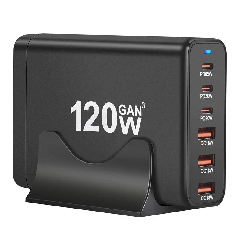 [GaN Tech] 120W 6-Port USB PD Charger 3USB-A+3USB-C Fast Charging Desktop Charging Station EU Plug for iPhone 15 14 13 for Huawei Pura 70 Ultra for Xiaomi 14pro for Samsung Galaxy S24 — view 2