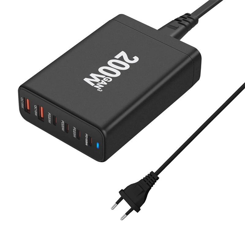 [GaN Tech] 200W 6-Port USB PD Charger 2USB-A+4USB-C Fast Charging Desktop Charging Station EU Plug for iPhone 15 14 13 for Huawei Mate60 Pro for Xiaomi Civi4 Pro for Samsung Galaxy S24 — view 4