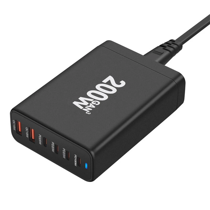 [GaN Tech] 200W 6-Port USB PD Charger 2USB-A+4USB-C Fast Charging Desktop Charging Station EU Plug for iPhone 15 14 13 for Huawei Mate60 Pro for Xiaomi Civi4 Pro for Samsung Galaxy S24 — view 7