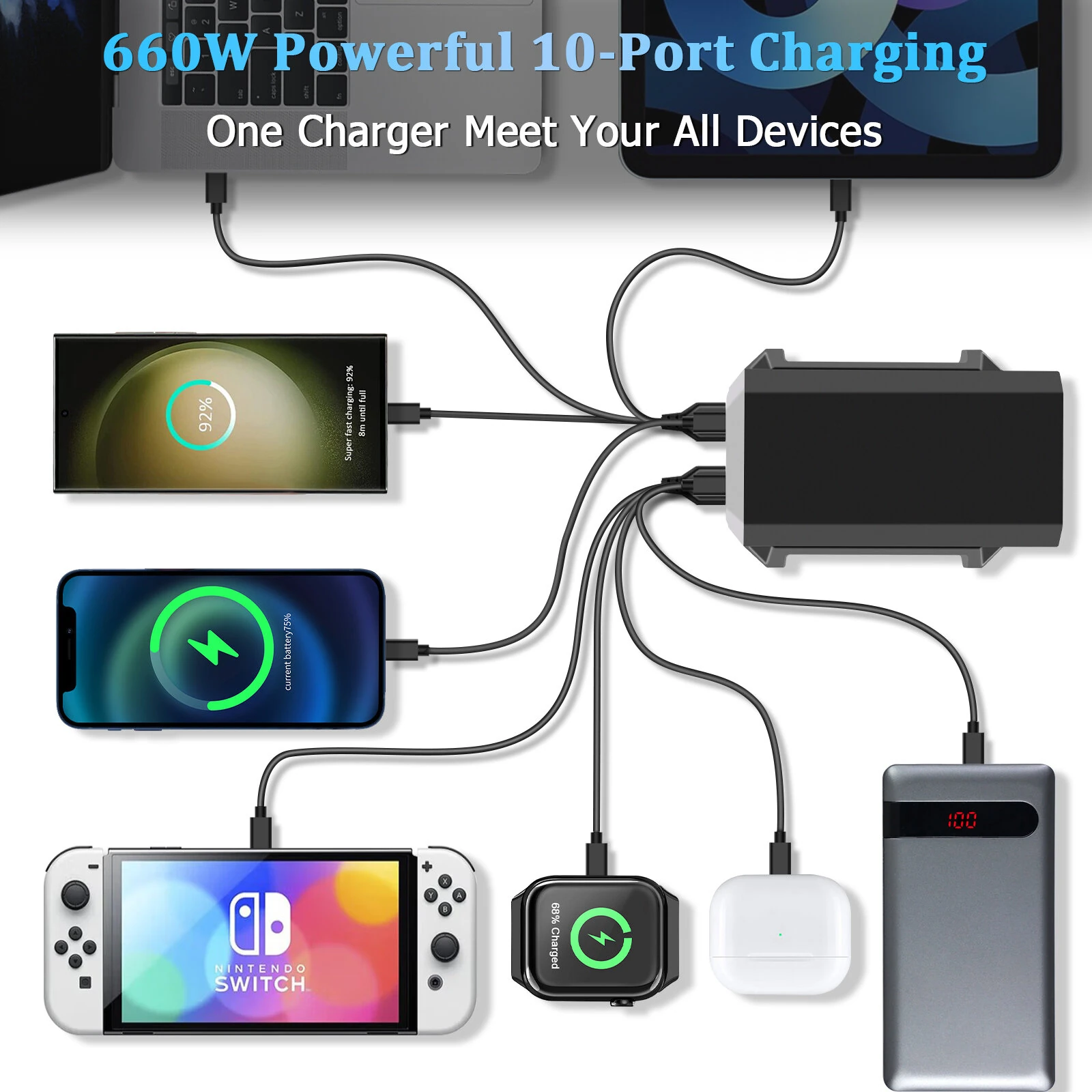 [GaN Tech] 660W 10-Port USB PD Charger 6USB-C+4USB-A QC 140W PD 3.1 Fast Charging Desktop Charging Station for iPhone 16 16 Pro 15 14 13 Pro Max for MacBook Pro for Airpods for Apple Watch  for iPad — view 5