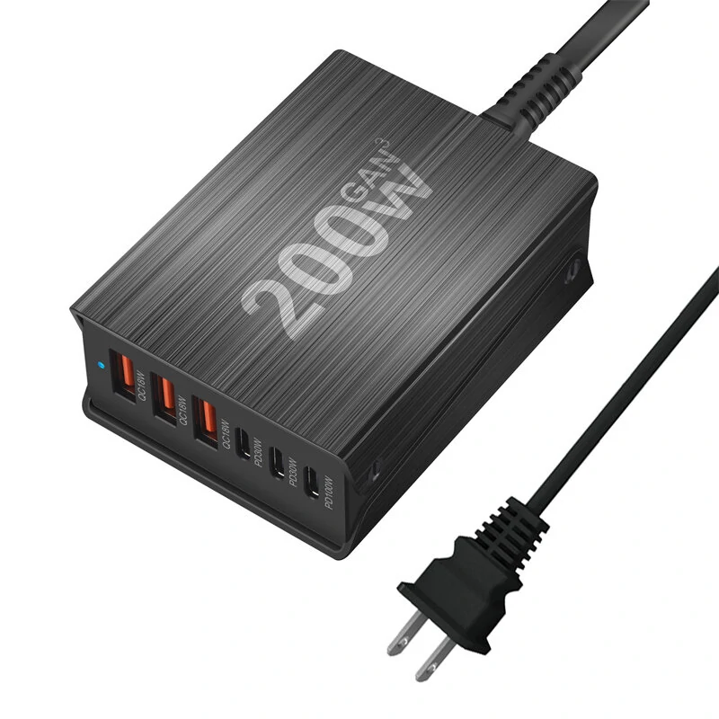 [GaN Tech] Bakeey 200W 6-Port USB PD Charger 3USB-A+3USB-C PD QC Fast Charging Desktop Charging Station EU Plug US Plug for iPhone 15 14 13 for Huawei Pura 70 Ultra for Xiaomi Civi 4 Pro — view 4