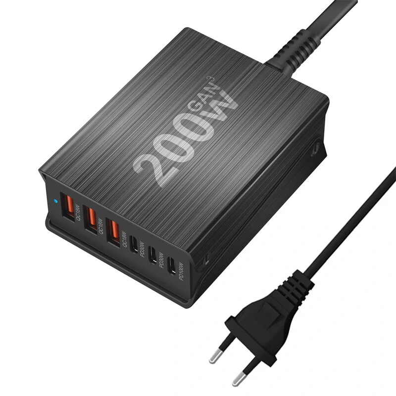 [GaN Tech] Bakeey 200W 6-Port USB PD Charger 3USB-A+3USB-C PD QC Fast Charging Desktop Charging Station EU Plug US Plug for iPhone 15 14 13 for Huawei Pura 70 Ultra for Xiaomi Civi 4 Pro — view 5