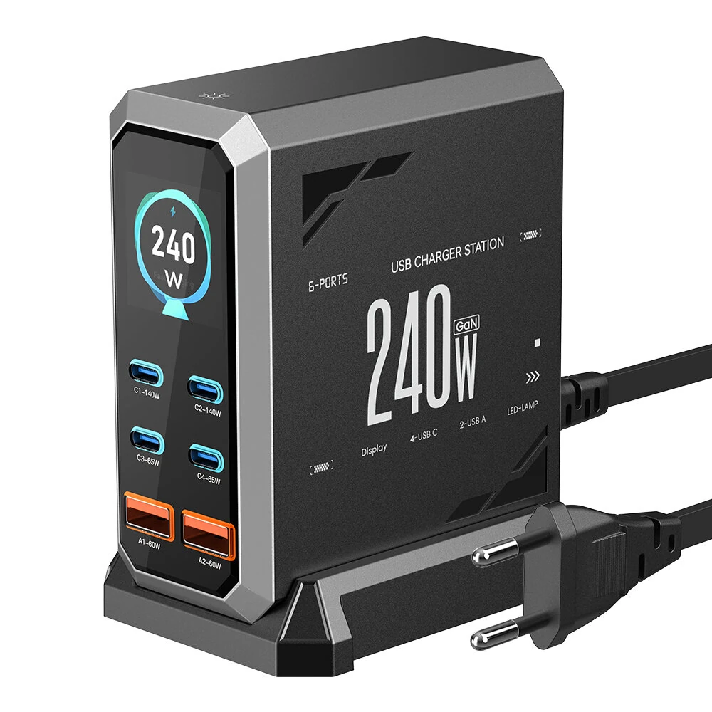 [GaN Tech] Blitzwolf® BW-S31 240W 6-Port USB PD Charger 4USB-C+2USB-A QC PD Digital Display Fast Charging Desktop Charging Station for iPhone 16 16 Pro 15 14 13 Pro Max for MacBook Pro for Airpods for Apple Watch — Blitzwolf