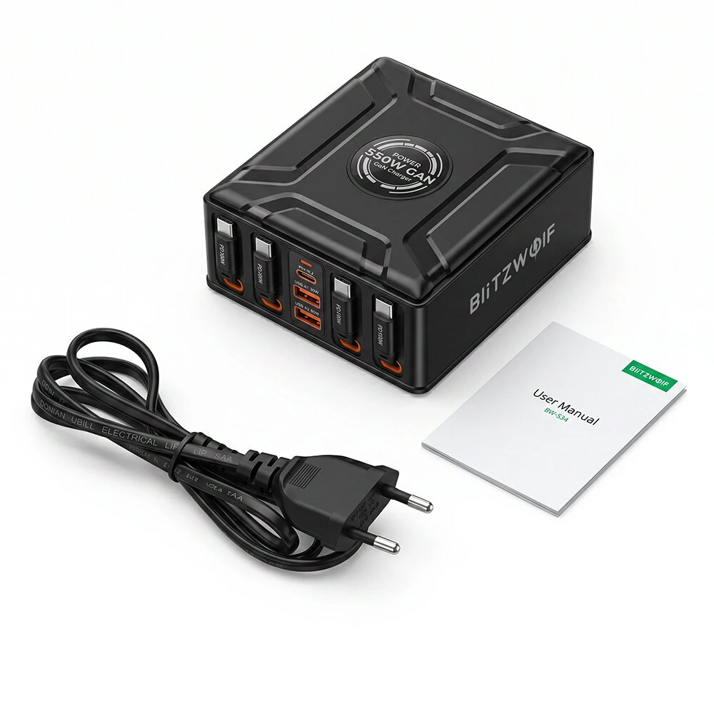 [GaN Tech] Blitzwolf® BW-S34 550W 7 Ports USB PD Charger with Retractable Cable 5USB-C+2USB-A QC PD Fast Charging Desktop Charging Station for iPhone 17 16 16 Pro 15 14 13 Pro Max for MacBook Pro for Airpods for Apple Watch — view 10
