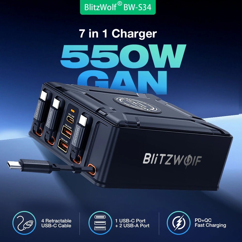 [GaN Tech] Blitzwolf® BW-S34 550W 7 Ports USB PD Charger with Retractable Cable 5USB-C+2USB-A QC PD Fast Charging Desktop Charging Station for iPhone 17 16 16 Pro 15 14 13 Pro Max for MacBook Pro for Airpods for Apple Watch — view 2