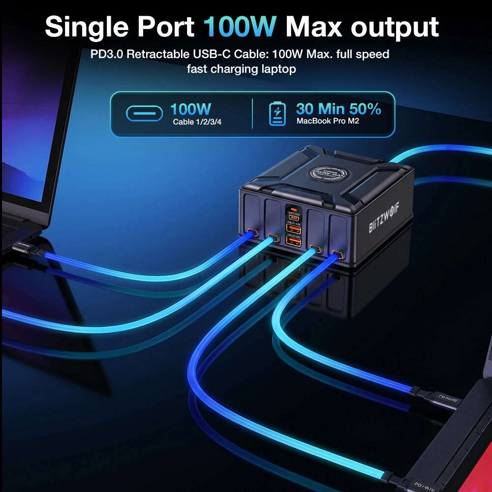 [GaN Tech] Blitzwolf® BW-S34 550W 7 Ports USB PD Charger with Retractable Cable 5USB-C+2USB-A QC PD Fast Charging Desktop Charging Station for iPhone 17 16 16 Pro 15 14 13 Pro Max for MacBook Pro for Airpods for Apple Watch — view 5