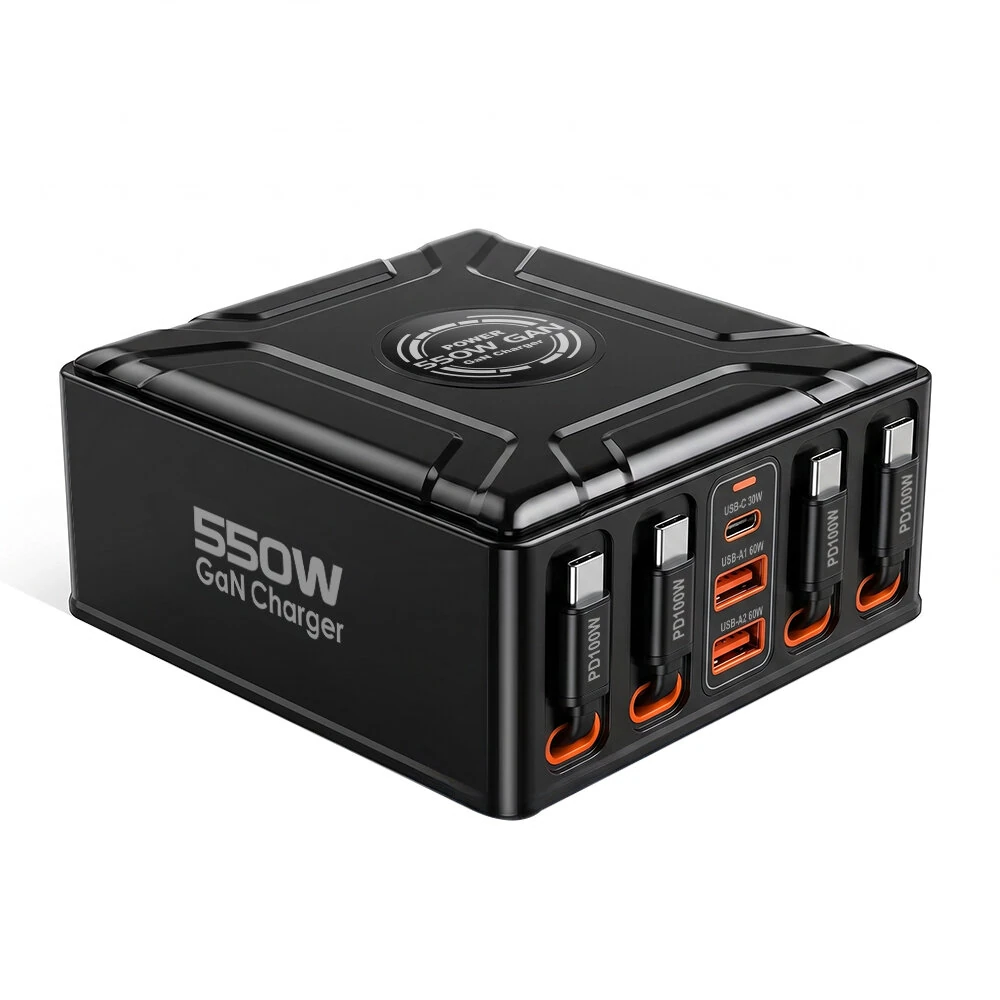 [GaN Tech] Blitzwolf® BW-S34 550W 7 Ports USB PD Charger with Retractable Cable 5USB-C+2USB-A QC PD Fast Charging Desktop Charging Station for iPhone 17 16 16 Pro 15 14 13 Pro Max for MacBook Pro for Airpods for Apple Watch — view 6