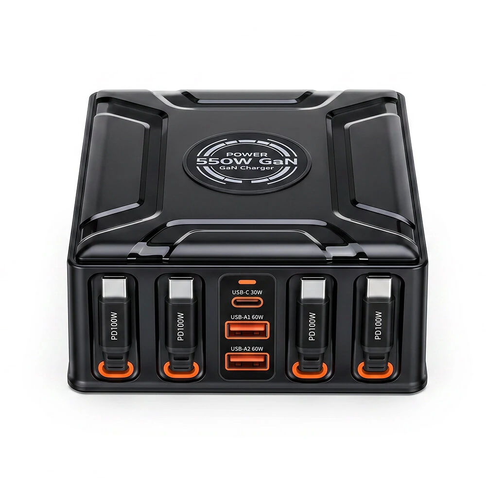 [GaN Tech] Blitzwolf® BW-S34 550W 7 Ports USB PD Charger with Retractable Cable 5USB-C+2USB-A QC PD Fast Charging Desktop Charging Station for iPhone 17 16 16 Pro 15 14 13 Pro Max for MacBook Pro for Airpods for Apple Watch — view 7