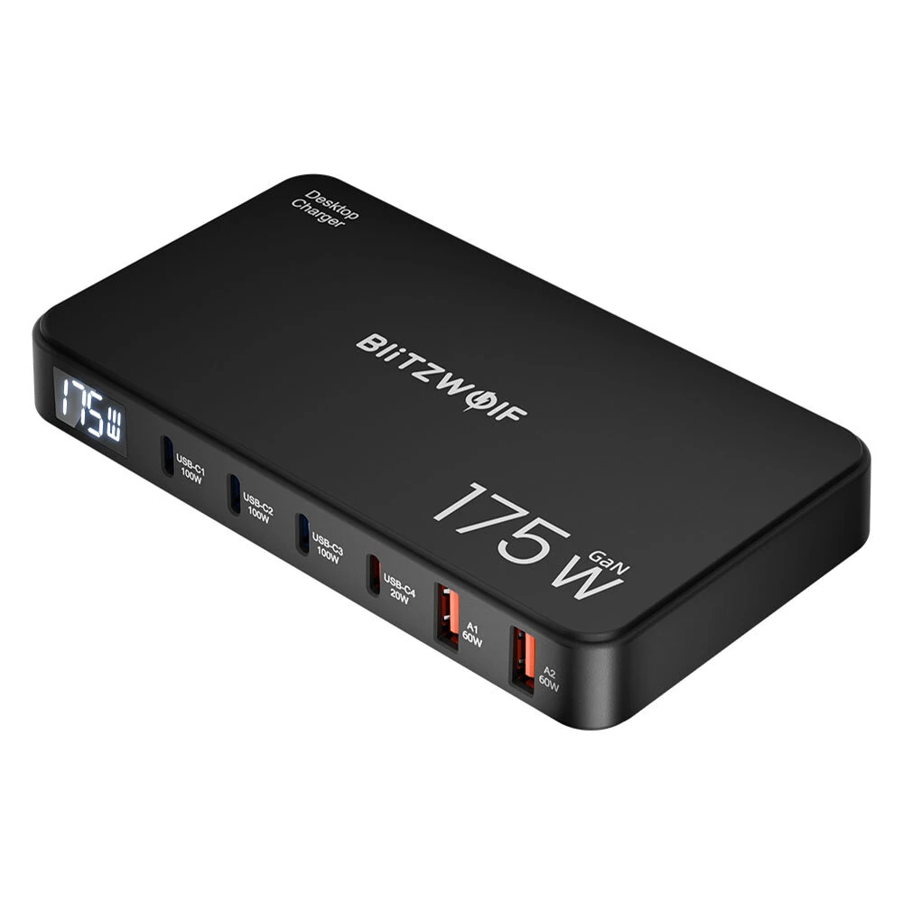 [GaN Tech] Blitzwolf® BW-S30 175W 6-Port USB PD Charger 4USB-C+2USB-A QC PD Digital Display Fast Charging Desktop Charging Station for iPhone 16 16 Pro 15 14 13 Pro Max for MacBook Pro for Airpods for Apple Watch — BlitzWolf