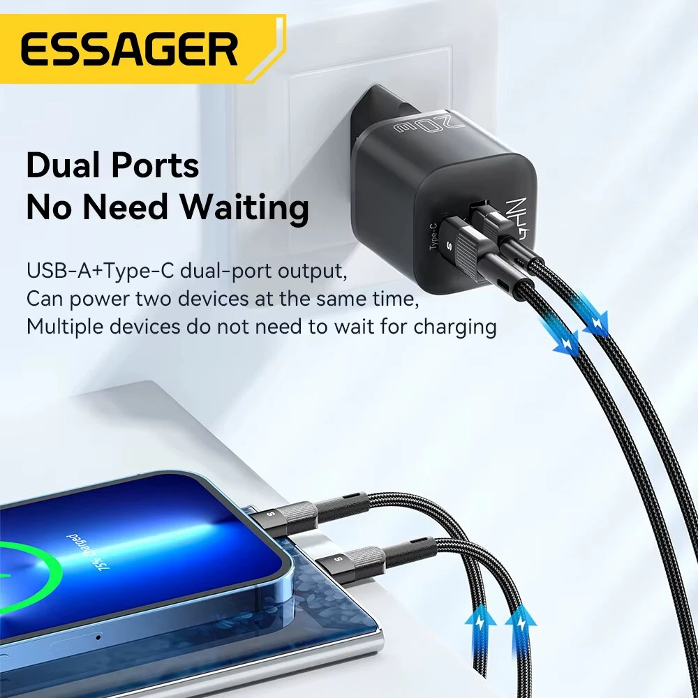 [GaN Tech] ESSAGER ES-CD31 20W 2-Port USB PD Charger USB-A+USB-C Fast Charging Wall Charger Adapter EU Plug US Plug for iPhone 16 16 Pro 15 14 13 Pro Max for Xiaomi 15 Ultra for Samsung Galaxy S25 Ultra for Huawei Pura X — view 3