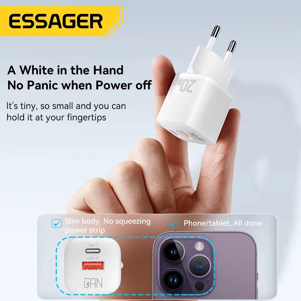 [GaN Tech] ESSAGER ES-CD31 20W 2-Port USB PD Charger USB-A+USB-C Fast Charging Wall Charger Adapter EU Plug US Plug for iPhone 16 16 Pro 15 14 13 Pro Max for Xiaomi 15 Ultra for Samsung Galaxy S25 Ultra for Huawei Pura X — view 4
