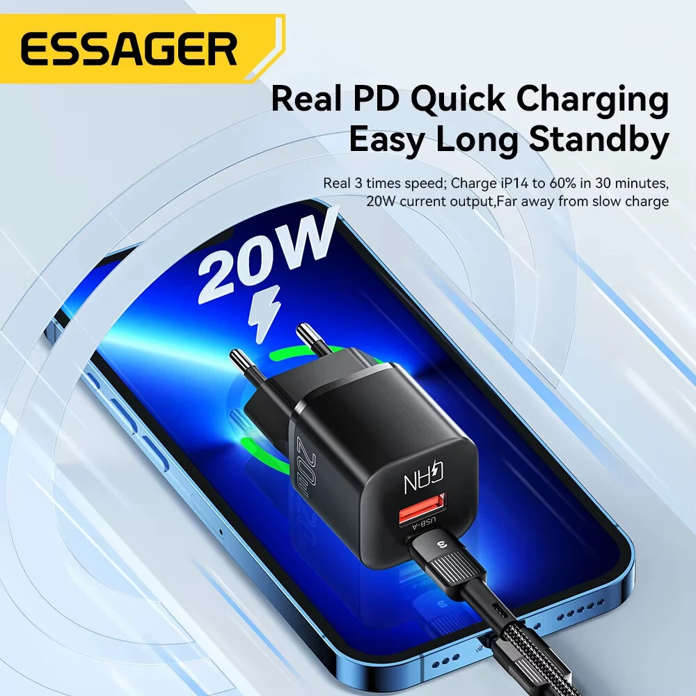 [GaN Tech] ESSAGER ES-CD31 20W 2-Port USB PD Charger USB-A+USB-C Fast Charging Wall Charger Adapter EU Plug US Plug for iPhone 16 16 Pro 15 14 13 Pro Max for Xiaomi 15 Ultra for Samsung Galaxy S25 Ultra for Huawei Pura X — view 5