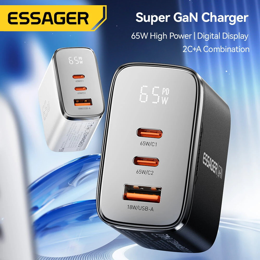 [GaN Tech] ESSAGER ES-CD56 65W 3-Port USB PD Charger USB-A+2USB-C PD3.2/3.0 QC2.0/3.0/4.0 AFC AVS PPS SCP FCP Fast Charging Wall Charger Adapter EU Plug for iPhone 17 17 Pro 16 Pro Max 15 14 for Huawei Mate XTs for OPPO for Xiaomi — view 2