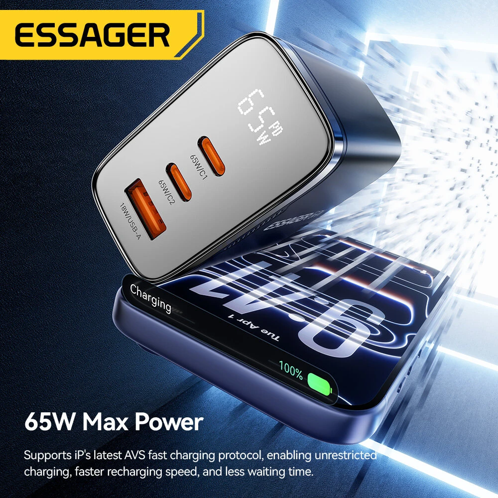[GaN Tech] ESSAGER ES-CD56 65W 3-Port USB PD Charger USB-A+2USB-C PD3.2/3.0 QC2.0/3.0/4.0 AFC AVS PPS SCP FCP Fast Charging Wall Charger Adapter EU Plug for iPhone 17 17 Pro 16 Pro Max 15 14 for Huawei Mate XTs for OPPO for Xiaomi — view 3