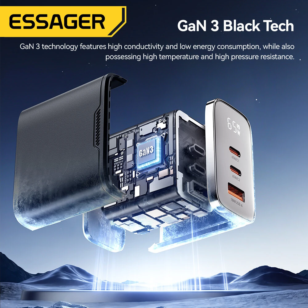 [GaN Tech] ESSAGER ES-CD56 65W 3-Port USB PD Charger USB-A+2USB-C PD3.2/3.0 QC2.0/3.0/4.0 AFC AVS PPS SCP FCP Fast Charging Wall Charger Adapter EU Plug for iPhone 17 17 Pro 16 Pro Max 15 14 for Huawei Mate XTs for OPPO for Xiaomi — view 4