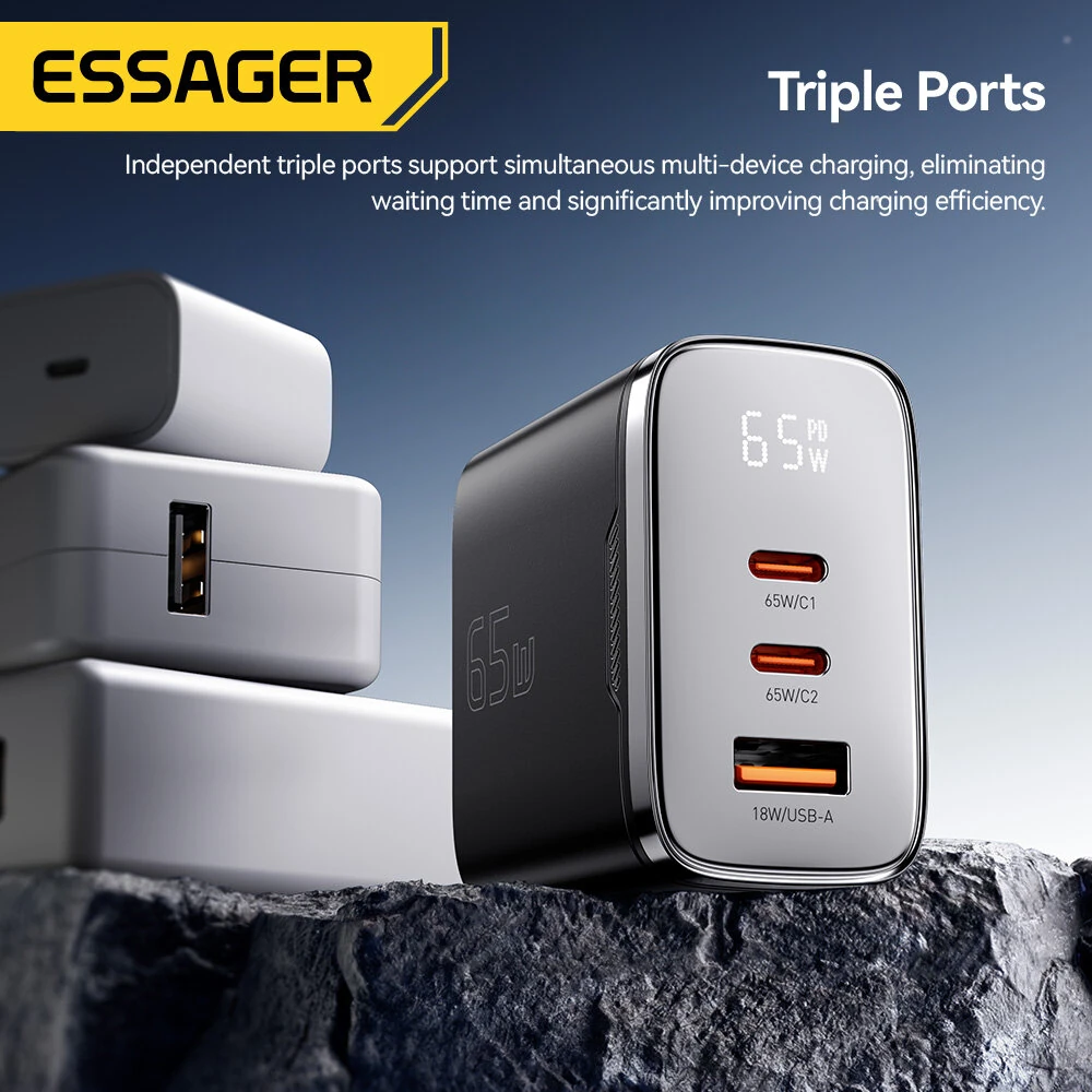 [GaN Tech] ESSAGER ES-CD56 65W 3-Port USB PD Charger USB-A+2USB-C PD3.2/3.0 QC2.0/3.0/4.0 AFC AVS PPS SCP FCP Fast Charging Wall Charger Adapter EU Plug for iPhone 17 17 Pro 16 Pro Max 15 14 for Huawei Mate XTs for OPPO for Xiaomi — view 5