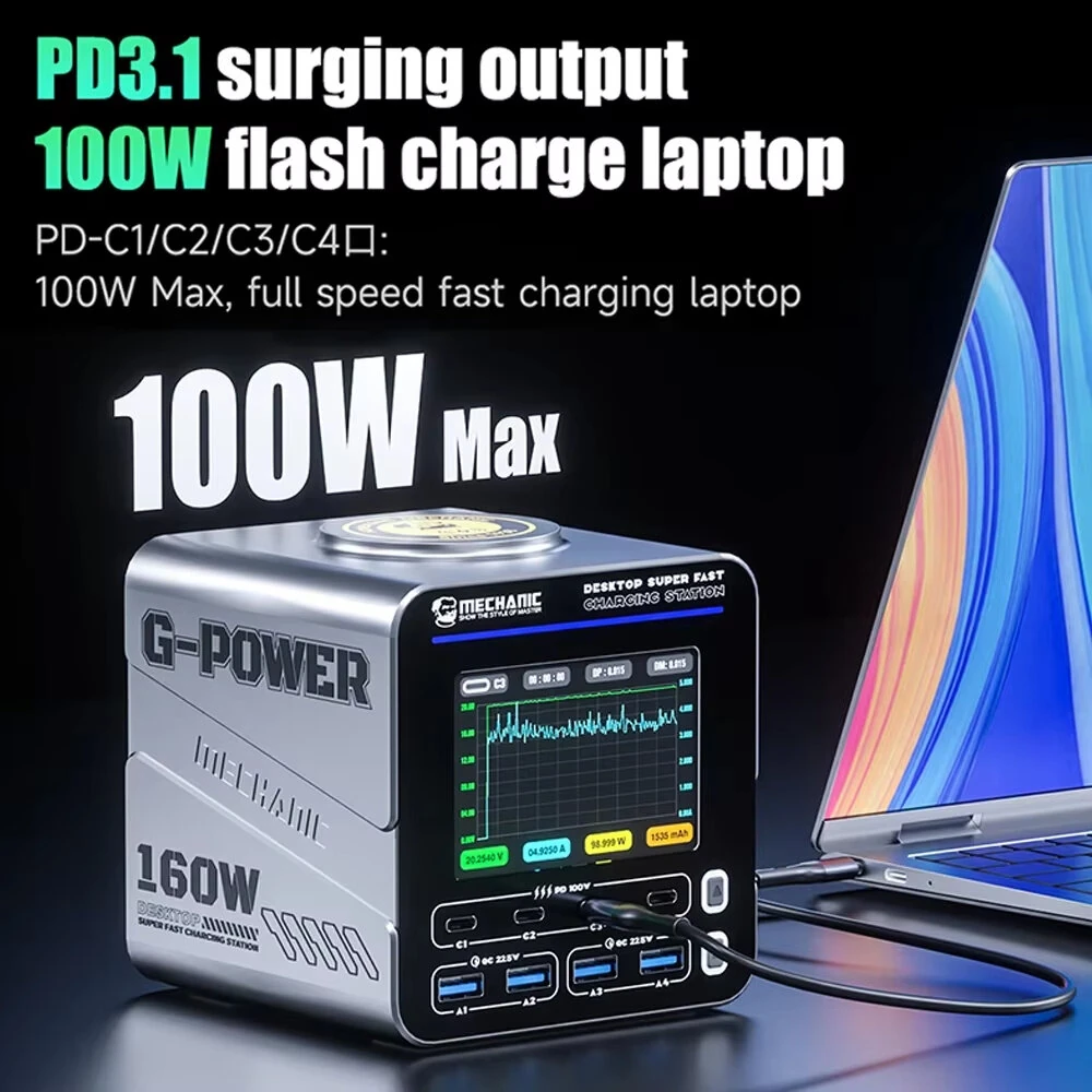 [GaN Tech] Mechanic G-Power 160W 8-Port USB PD Charger with Smart Display Screen 4USB-A+4USB-C PD3.1 QC3.0 Fast Charging Desktop Charger Station with 15W Magnetic Wireless Charging Pad for iPhone 17 17Pro 16 Pro Max 15 14 for Xiaomi 17pro for Huawei Mate — view 5