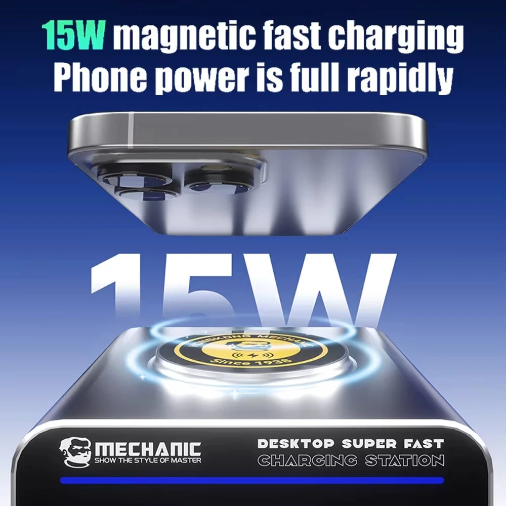 [GaN Tech] Mechanic G-Power 160W 8-Port USB PD Charger with Smart Display Screen 4USB-A+4USB-C PD3.1 QC3.0 Fast Charging Desktop Charger Station with 15W Magnetic Wireless Charging Pad for iPhone 17 17Pro 16 Pro Max 15 14 for Xiaomi 17pro for Huawei Mate — view 7