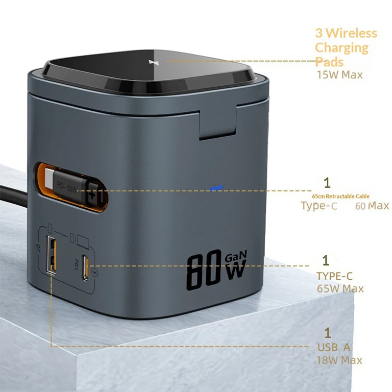 [GaN Tech] MXCD-15S 6-in-1 Magnetic Wireless Desktop Charger Station Come with Type-C Retractable Cable USB-C+USB-A+3 Wireless Charger Fast Wireless Charging for Smart Phone for iPhone 17 17Pro Max 16 15 14 for Xiaomi 17pro for Huawei Mate XTs for OPPO fo — view 5