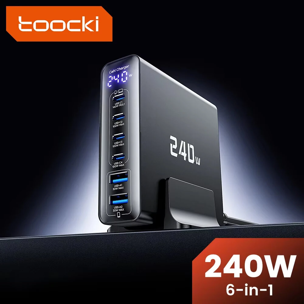 [GaN Tech] Toocki TCT240-33 240W 6-Port USB PD Charger with Smart Digital Display 2USB-A+4USB-C PD3.1 Fast Charging Desktop Charging Station EU Plug for iPhone 17 17Pro 16 Pro Max 15 14 for Xiaomi 17pro for Huawei Mate XTs — view 2