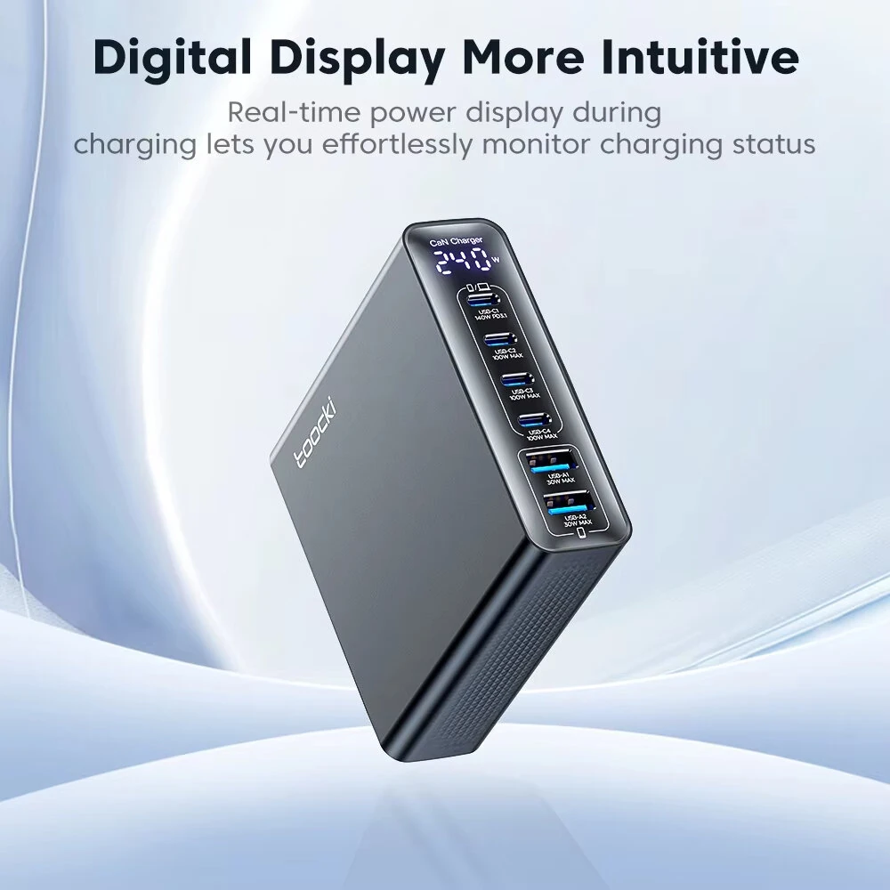 [GaN Tech] Toocki TCT240-33 240W 6-Port USB PD Charger with Smart Digital Display 2USB-A+4USB-C PD3.1 Fast Charging Desktop Charging Station EU Plug for iPhone 17 17Pro 16 Pro Max 15 14 for Xiaomi 17pro for Huawei Mate XTs — view 3