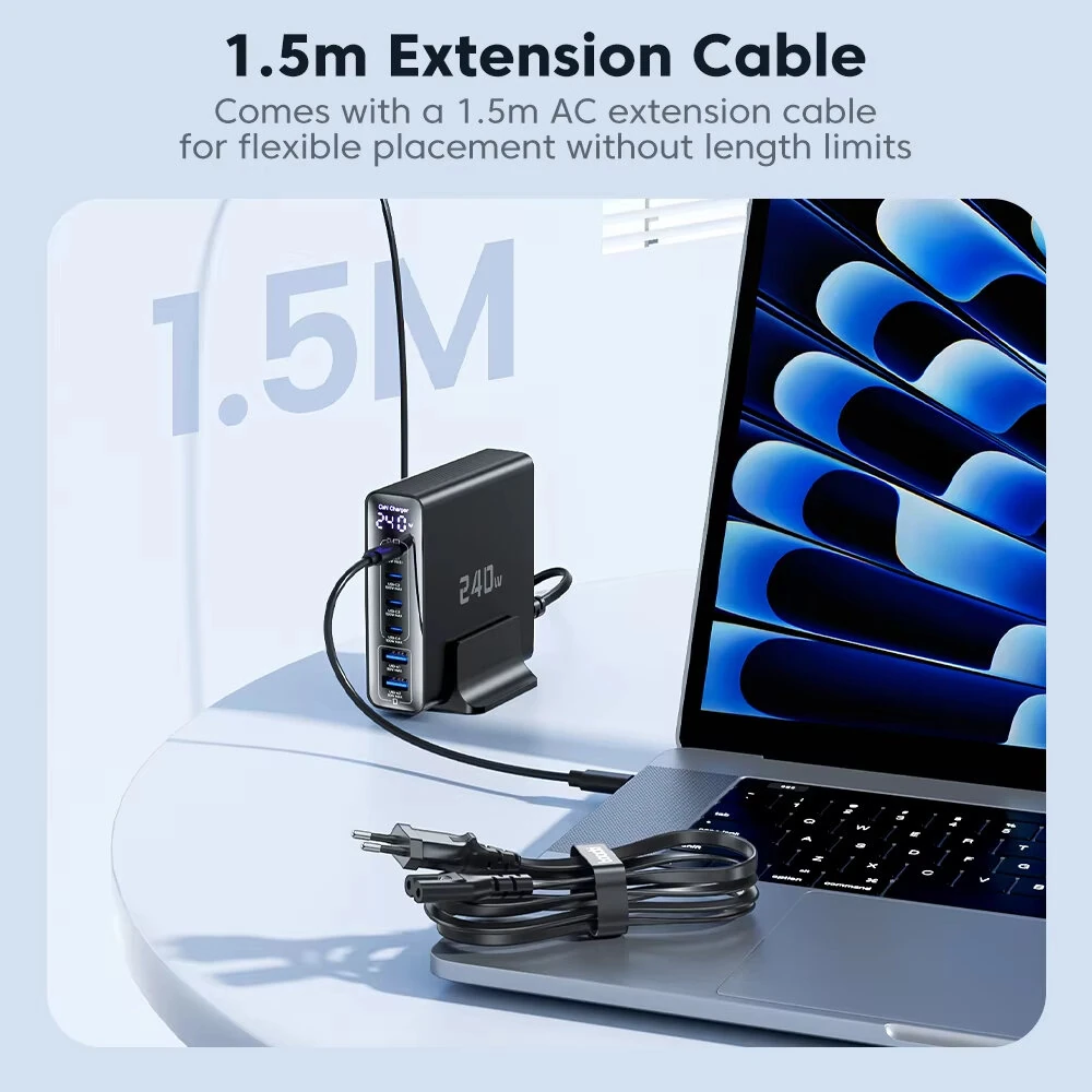 [GaN Tech] Toocki TCT240-33 240W 6-Port USB PD Charger with Smart Digital Display 2USB-A+4USB-C PD3.1 Fast Charging Desktop Charging Station EU Plug for iPhone 17 17Pro 16 Pro Max 15 14 for Xiaomi 17pro for Huawei Mate XTs — view 4