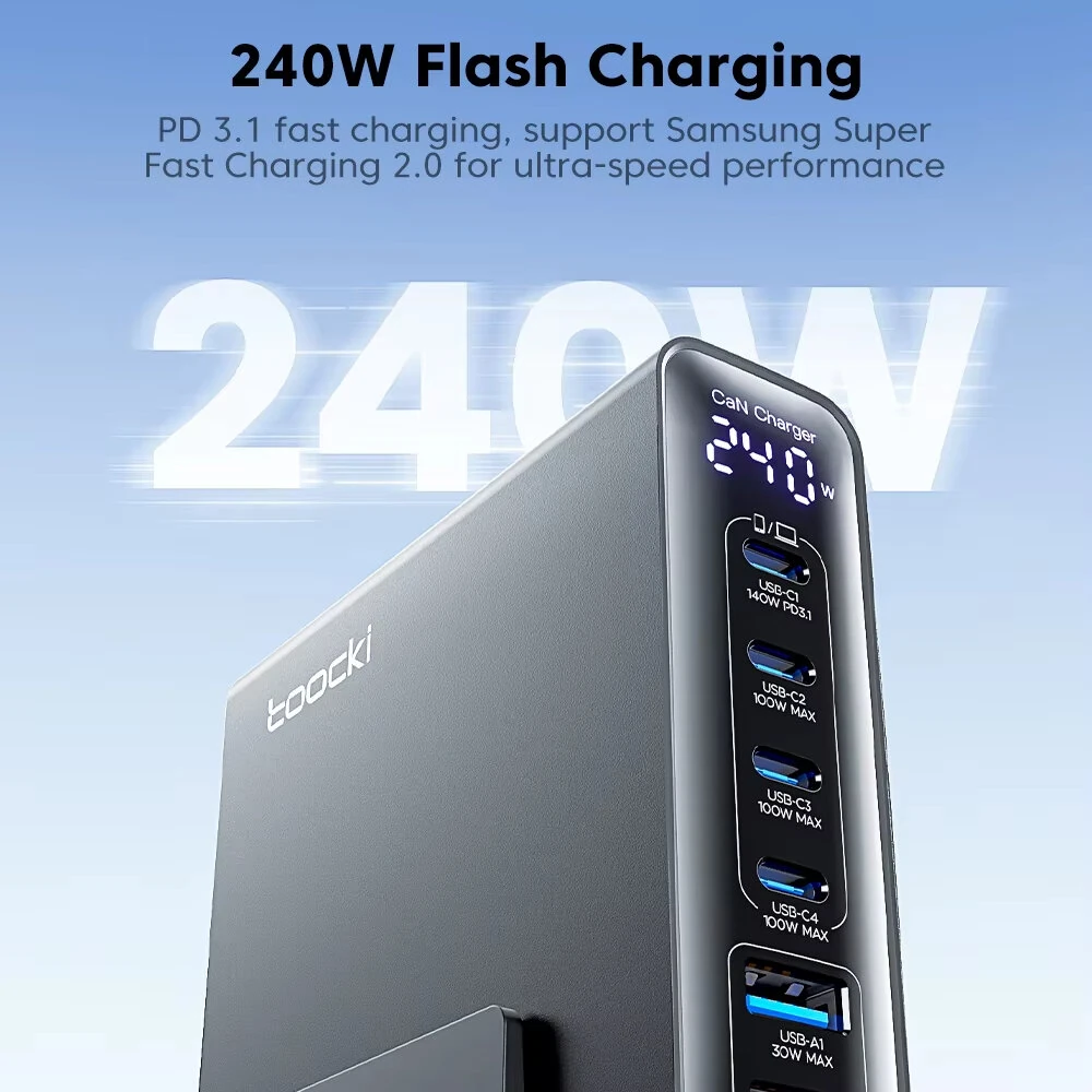 [GaN Tech] Toocki TCT240-33 240W 6-Port USB PD Charger with Smart Digital Display 2USB-A+4USB-C PD3.1 Fast Charging Desktop Charging Station EU Plug for iPhone 17 17Pro 16 Pro Max 15 14 for Xiaomi 17pro for Huawei Mate XTs — view 5
