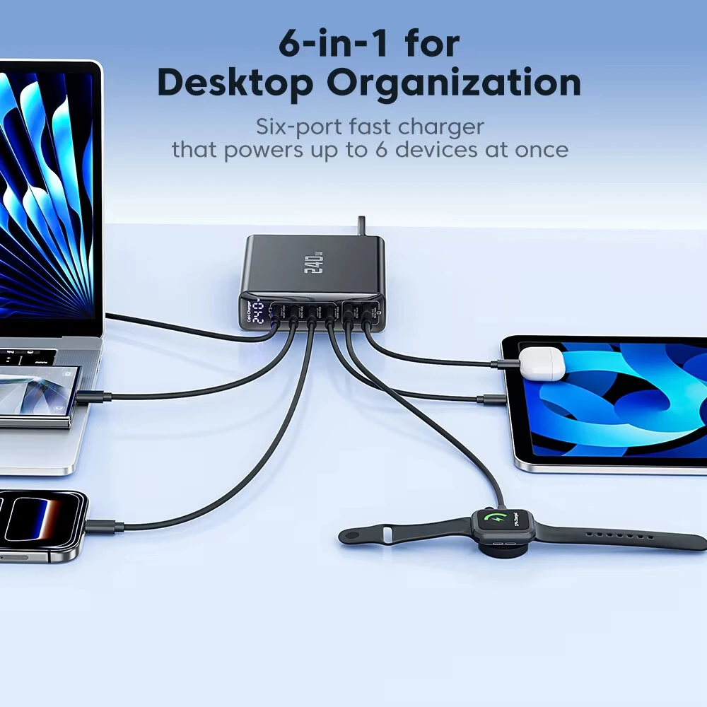 [GaN Tech] Toocki TCT240-33 240W 6-Port USB PD Charger with Smart Digital Display 2USB-A+4USB-C PD3.1 Fast Charging Desktop Charging Station EU Plug for iPhone 17 17Pro 16 Pro Max 15 14 for Xiaomi 17pro for Huawei Mate XTs — view 6