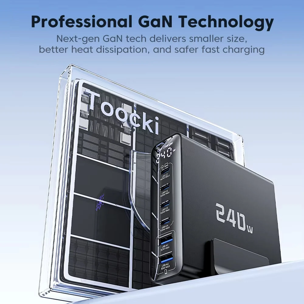 [GaN Tech] Toocki TCT240-33 240W 6-Port USB PD Charger with Smart Digital Display 2USB-A+4USB-C PD3.1 Fast Charging Desktop Charging Station EU Plug for iPhone 17 17Pro 16 Pro Max 15 14 for Xiaomi 17pro for Huawei Mate XTs — view 7