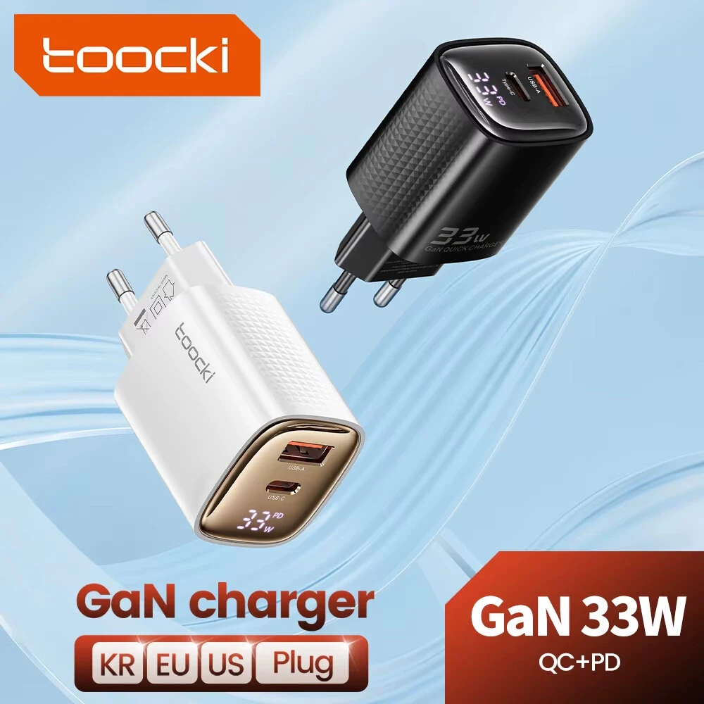 [GaN Tech] Toocki TCT33-22EU 33W 2-Port USB PD Charger USB-A+USB-C PD3.0 QC3.0 Fast Charging Digital Display Wall Charger Adapter EU Plug for iPhone 16 Pro 15 14 Pro Max 13 12 for Huawei Pura X for Samsung Galaxy S25 Ultra — view 3