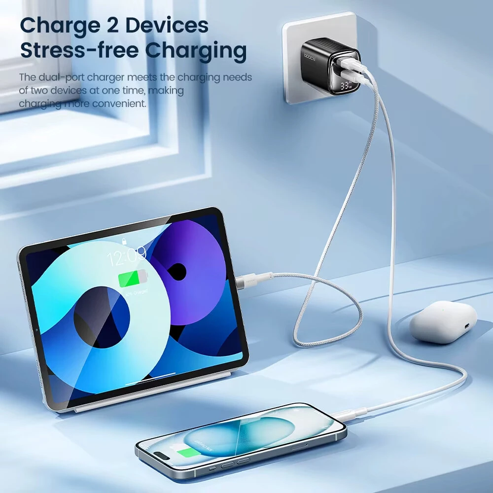 [GaN Tech] Toocki TCT33-22EU 33W 2-Port USB PD Charger USB-A+USB-C PD3.0 QC3.0 Fast Charging Digital Display Wall Charger Adapter EU Plug for iPhone 16 Pro 15 14 Pro Max 13 12 for Huawei Pura X for Samsung Galaxy S25 Ultra — view 4