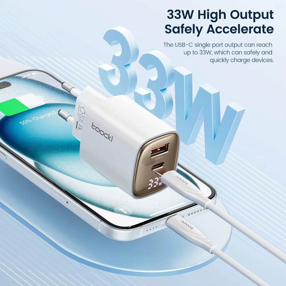 [GaN Tech] Toocki TCT33-22EU 33W 2-Port USB PD Charger USB-A+USB-C PD3.0 QC3.0 Fast Charging Digital Display Wall Charger Adapter EU Plug for iPhone 16 Pro 15 14 Pro Max 13 12 for Huawei Pura X for Samsung Galaxy S25 Ultra — view 5