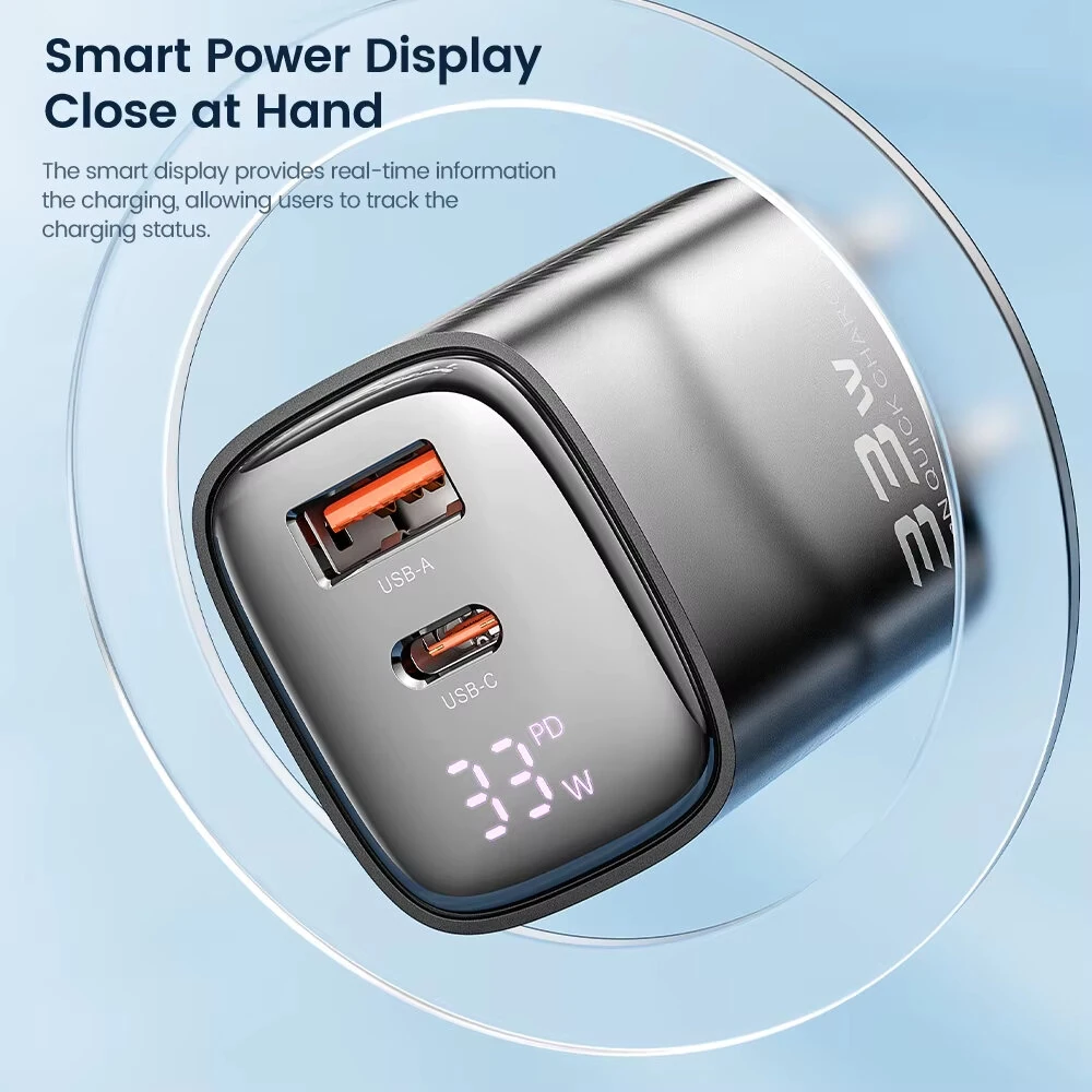 [GaN Tech] Toocki TCT33-22EU 33W 2-Port USB PD Charger USB-A+USB-C PD3.0 QC3.0 Fast Charging Digital Display Wall Charger Adapter EU Plug for iPhone 16 Pro 15 14 Pro Max 13 12 for Huawei Pura X for Samsung Galaxy S25 Ultra — view 6