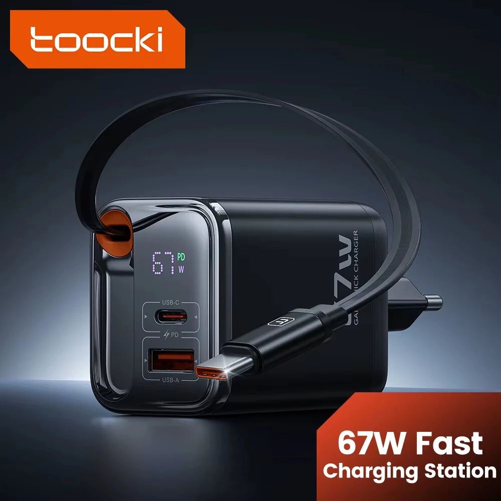 [GaN Tech] Toocki TCT67-34B1 67W 3-in-1 USB PD Charger with Retractable Cable PD Fast Charging Digital Display Wall Charger Adapter EU Plug for iPhone 16 16 Pro 15 14 13 Pro Max for Huawei Pura X for Xiaomi 15pro for Samsung Galaxy S25 Ultra — view 2