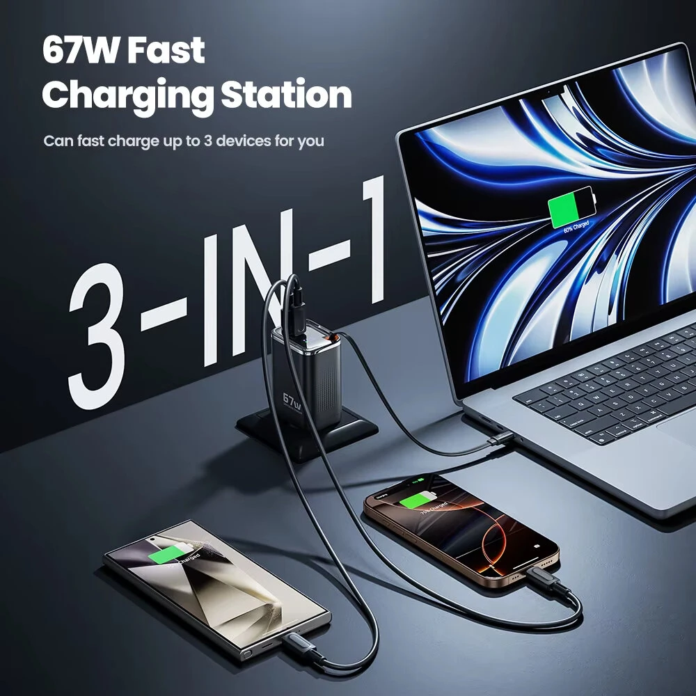 [GaN Tech] Toocki TCT67-34B1 67W 3-in-1 USB PD Charger with Retractable Cable PD Fast Charging Digital Display Wall Charger Adapter EU Plug for iPhone 16 16 Pro 15 14 13 Pro Max for Huawei Pura X for Xiaomi 15pro for Samsung Galaxy S25 Ultra — view 3