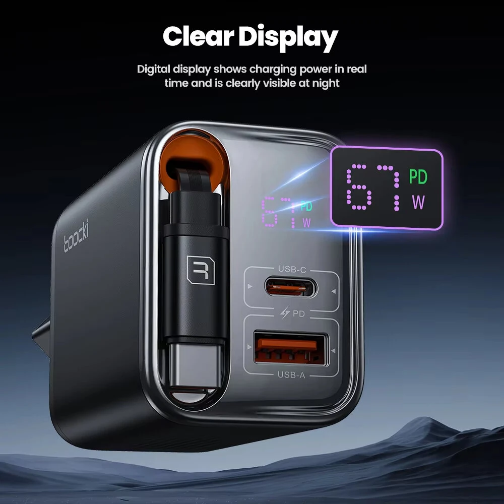 [GaN Tech] Toocki TCT67-34B1 67W 3-in-1 USB PD Charger with Retractable Cable PD Fast Charging Digital Display Wall Charger Adapter EU Plug for iPhone 16 16 Pro 15 14 13 Pro Max for Huawei Pura X for Xiaomi 15pro for Samsung Galaxy S25 Ultra — view 4