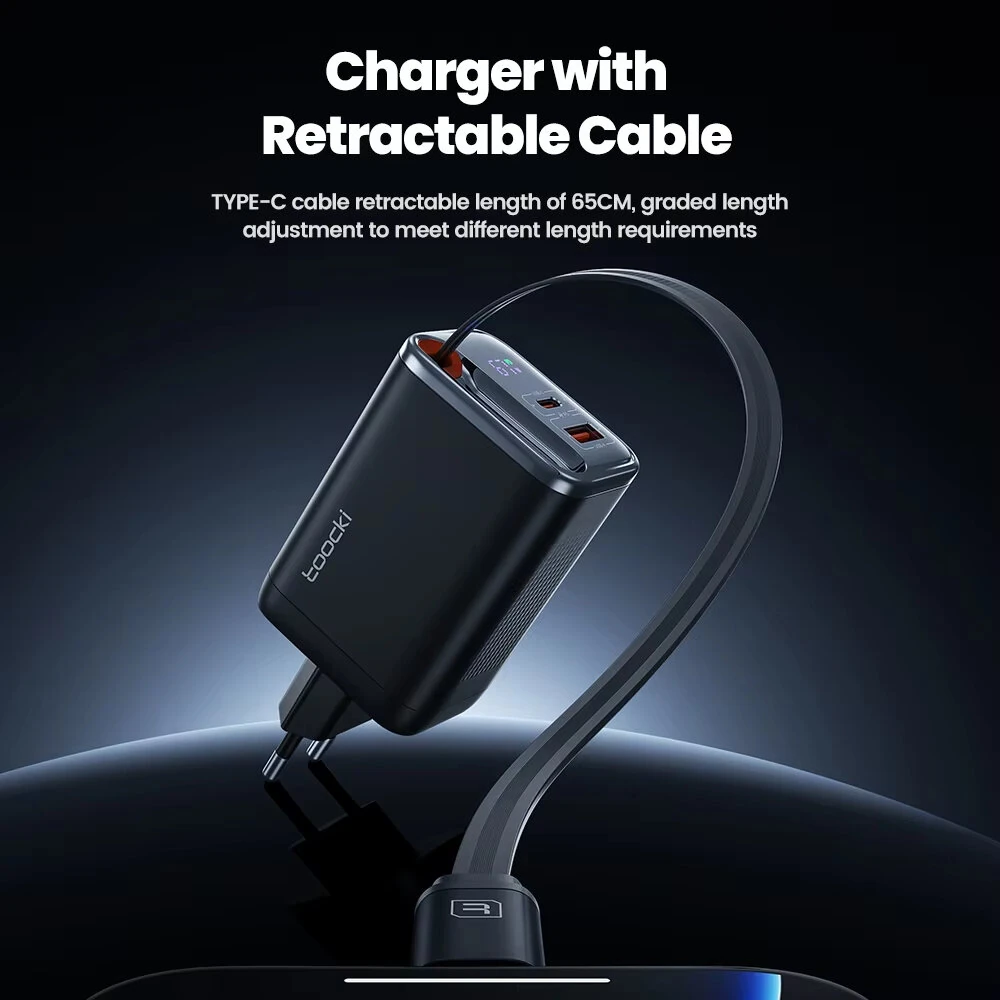 [GaN Tech] Toocki TCT67-34B1 67W 3-in-1 USB PD Charger with Retractable Cable PD Fast Charging Digital Display Wall Charger Adapter EU Plug for iPhone 16 16 Pro 15 14 13 Pro Max for Huawei Pura X for Xiaomi 15pro for Samsung Galaxy S25 Ultra — view 5