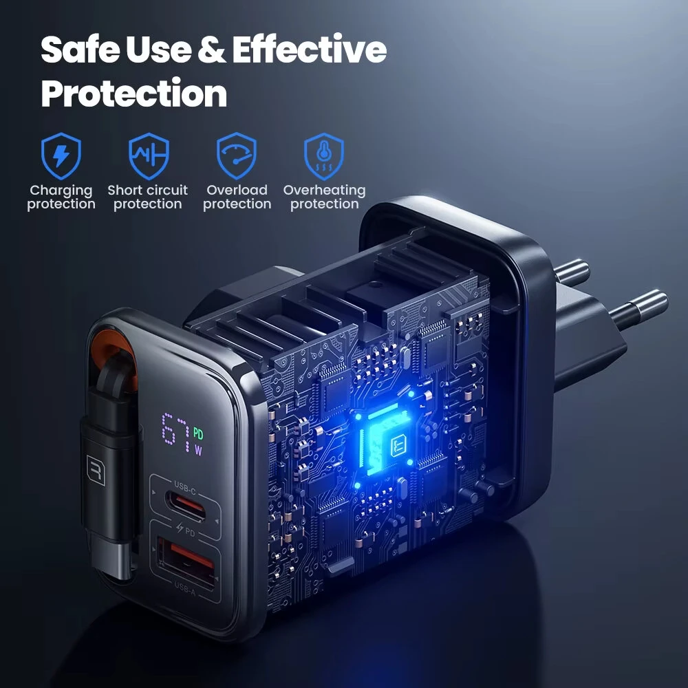 [GaN Tech] Toocki TCT67-34B1 67W 3-in-1 USB PD Charger with Retractable Cable PD Fast Charging Digital Display Wall Charger Adapter EU Plug for iPhone 16 16 Pro 15 14 13 Pro Max for Huawei Pura X for Xiaomi 15pro for Samsung Galaxy S25 Ultra — view 6