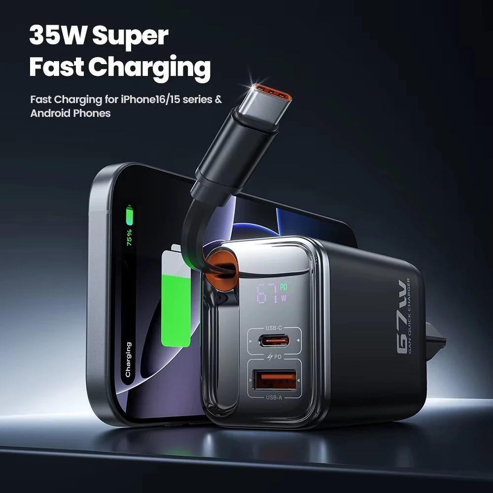[GaN Tech] Toocki TCT67-34B1 67W 3-in-1 USB PD Charger with Retractable Cable PD Fast Charging Digital Display Wall Charger Adapter EU Plug for iPhone 16 16 Pro 15 14 13 Pro Max for Huawei Pura X for Xiaomi 15pro for Samsung Galaxy S25 Ultra — view 7