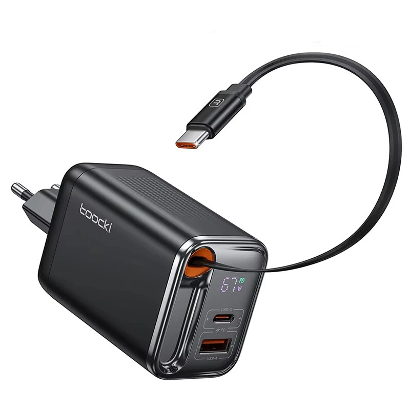 [GaN Tech] Toocki TCT67-34B1 67W 3-in-1 USB PD Charger with Retractable Cable PD Fast Charging Digital Display Wall Charger Adapter EU Plug for iPhone 16 16 Pro 15 14 13 Pro Max for Huawei Pura X for Xiaomi 15pro for Samsung Galaxy S25 Ultra — view 8