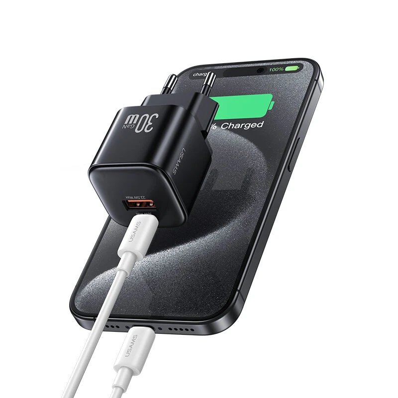 [GaN Tech] USAMS CC263 30W 2-Port USB Charger USB-A+USB-C Fast Charging Wall Charger Adapter EU Plug for iPhone 16 16 Pro 15 14 13 Pro Max for Huawei Pura X for Xiaomi 15pro for Samsung Galaxy S25 Ultra — view 2