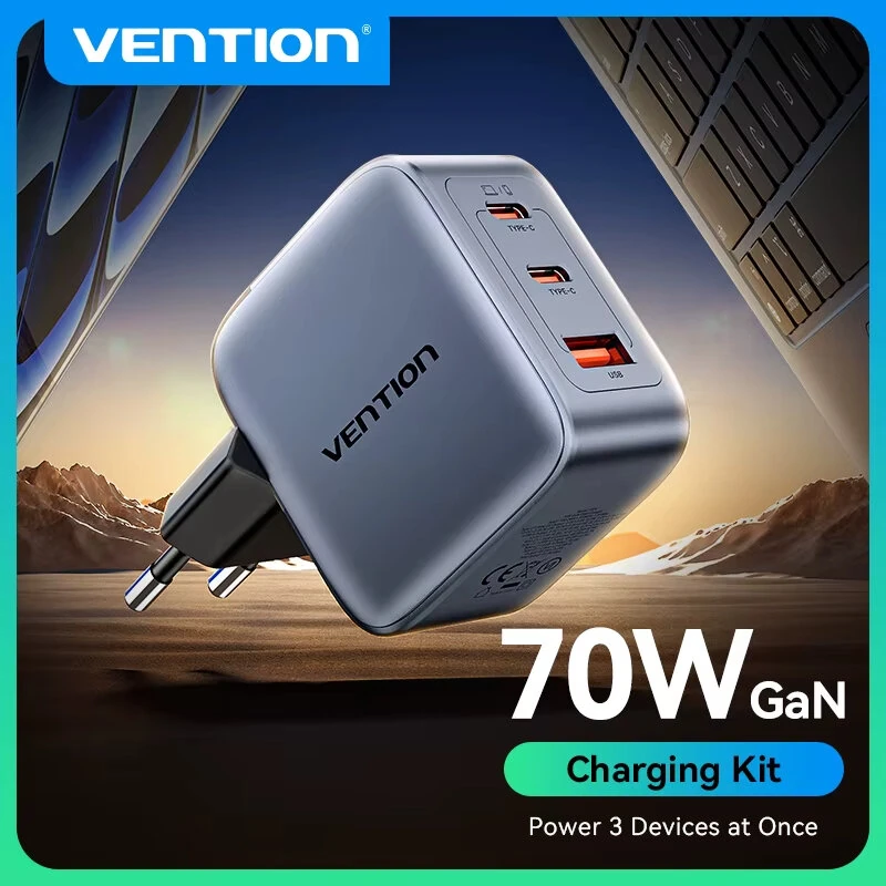 [GaN Tech] Vention 70W 3-Port USB PD Charger USB-A+2USB-C PD3.0 QC4.0 3.0 PPS AFC SCP FCP Apple2.4A BC1.2 Fast Charging Wall Charger Adapter EU Plug for iPhone 16 16 Pro 15 14 13 Pro Max for Huawei Pura X for Xiaomi 15pro for Samsung Galaxy S25 Ultra — view 2