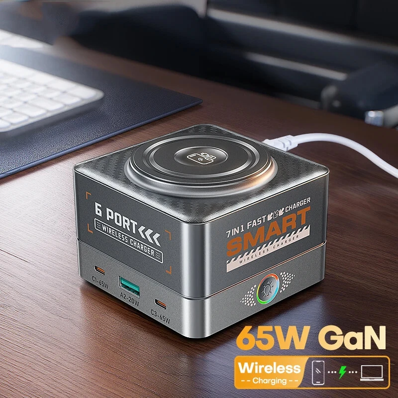 [GaN Tech] WLX-R8C 7-in-1 USB Desktop Charger Station 65W 6-port USB PD Charger with 15W Wireless Charger Pad Fast Desktop Charging Station EU Plug for iPhone 17 17 Pro 16 15 14 Pro Max for Huawei Mate XTs for Oppo for Xiaomi for Apple Watch — view 3